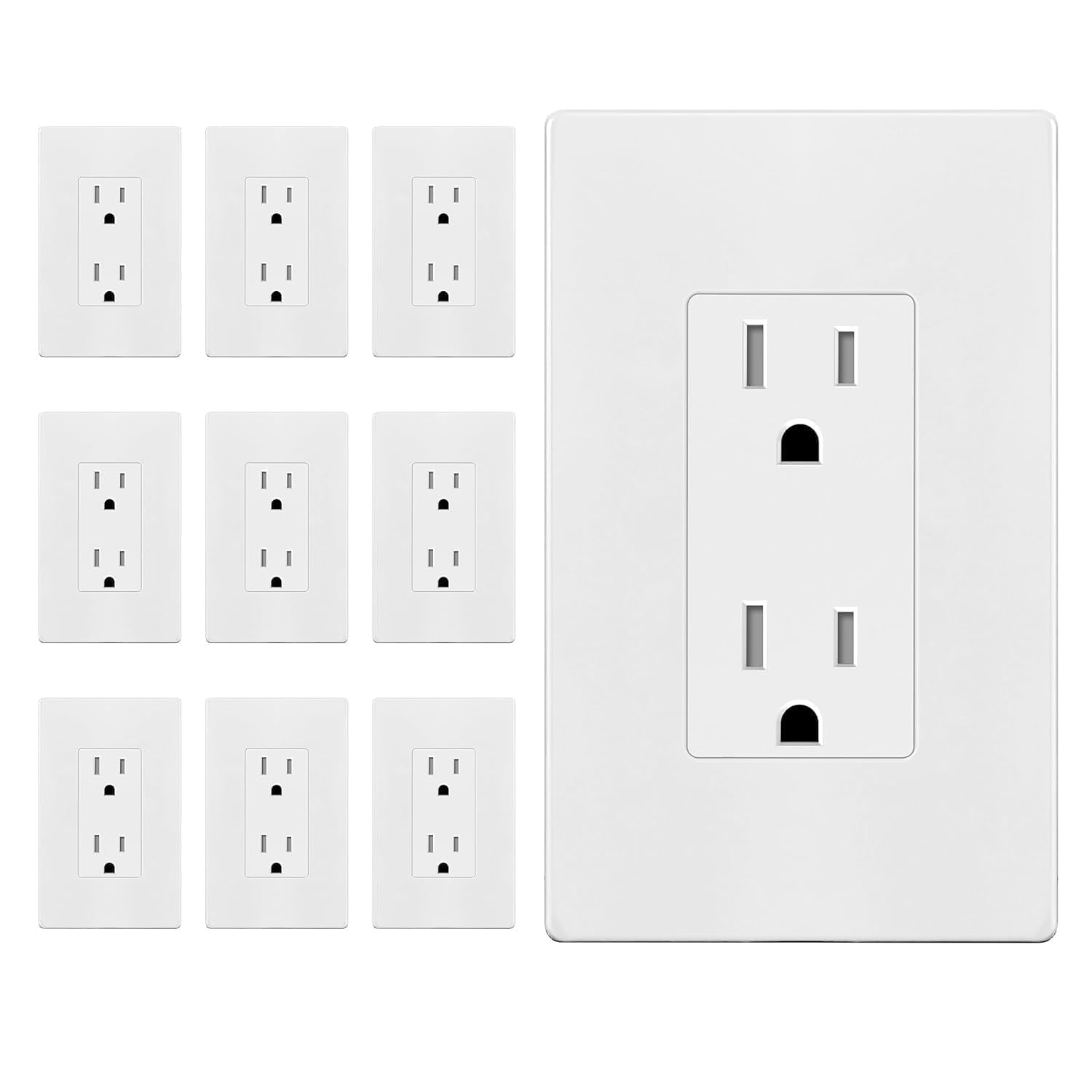 ENERLITES White Decorator Receptacle with Screwless Wall Plate, Tamper Residential Grade Wall Outlet, 15A 125V, Self-Grounding, 2-Pole, 3-Wire, 5-15R, UL Listed, 61502-TR-WSID, 10 Pack