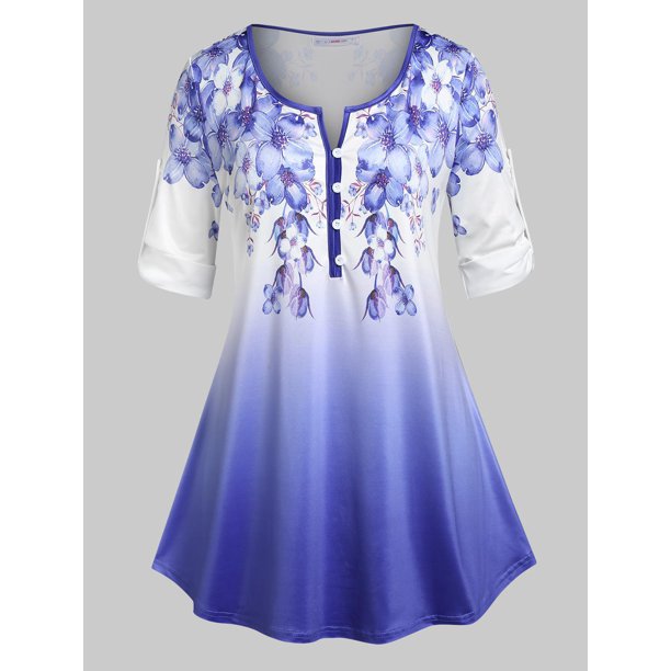 Camiseta con Estampado Floral de Talla Extra con Color Degradado con Mangas en Forma de Campanilla Rosegal Camisetas tallas grandes