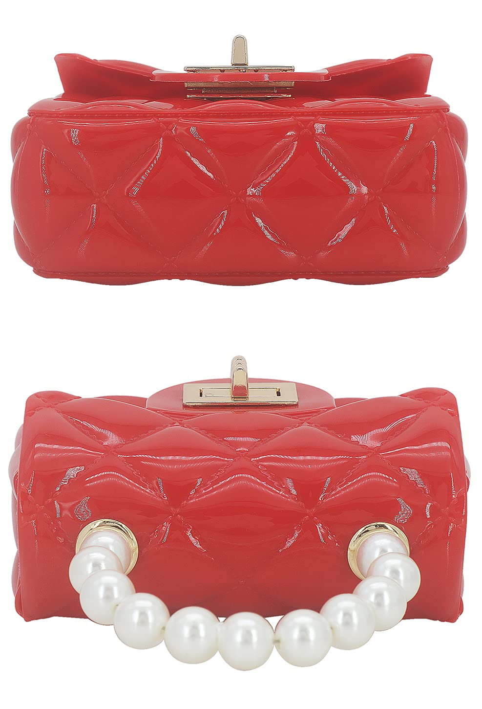 Mini Jelly Purse Flap Handbag with Pearls Top Handle Faux Quilted Crossbody  Bag(Red)