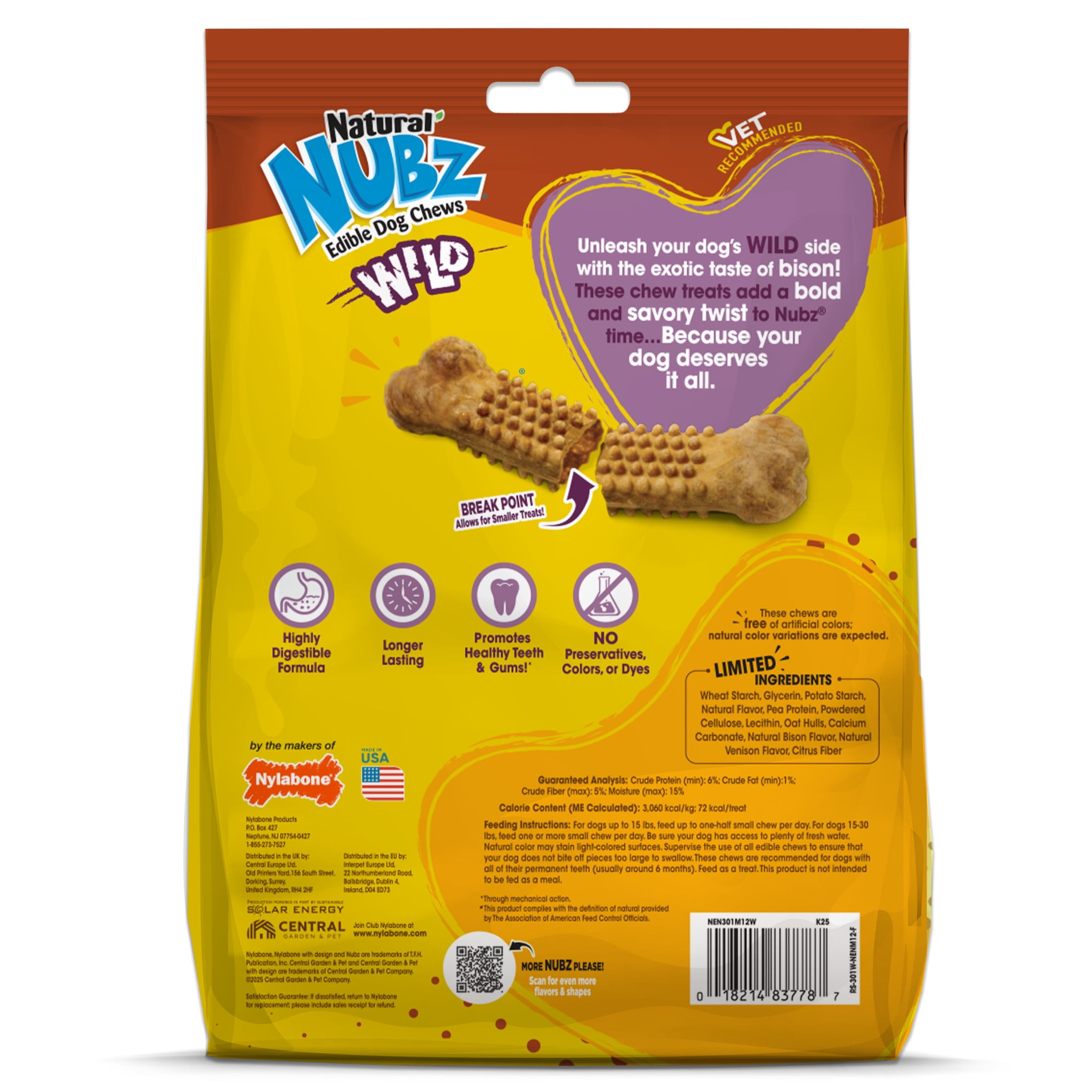 (4 pack) Nylabone Nubz Wild Dog Treats for Small Dogs, Bison Flavor Dog Bones, Small - Up to 25 lbs., 12 Count