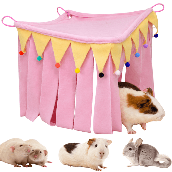 Guinea Pig Hideout - Guinea Pig Corner Hideout, Square Top and Four-Sided Fringes, Small Animal Cage Accessories with Hanging Hooks for Hamster, Chinchilla, Ferret, Rabbit