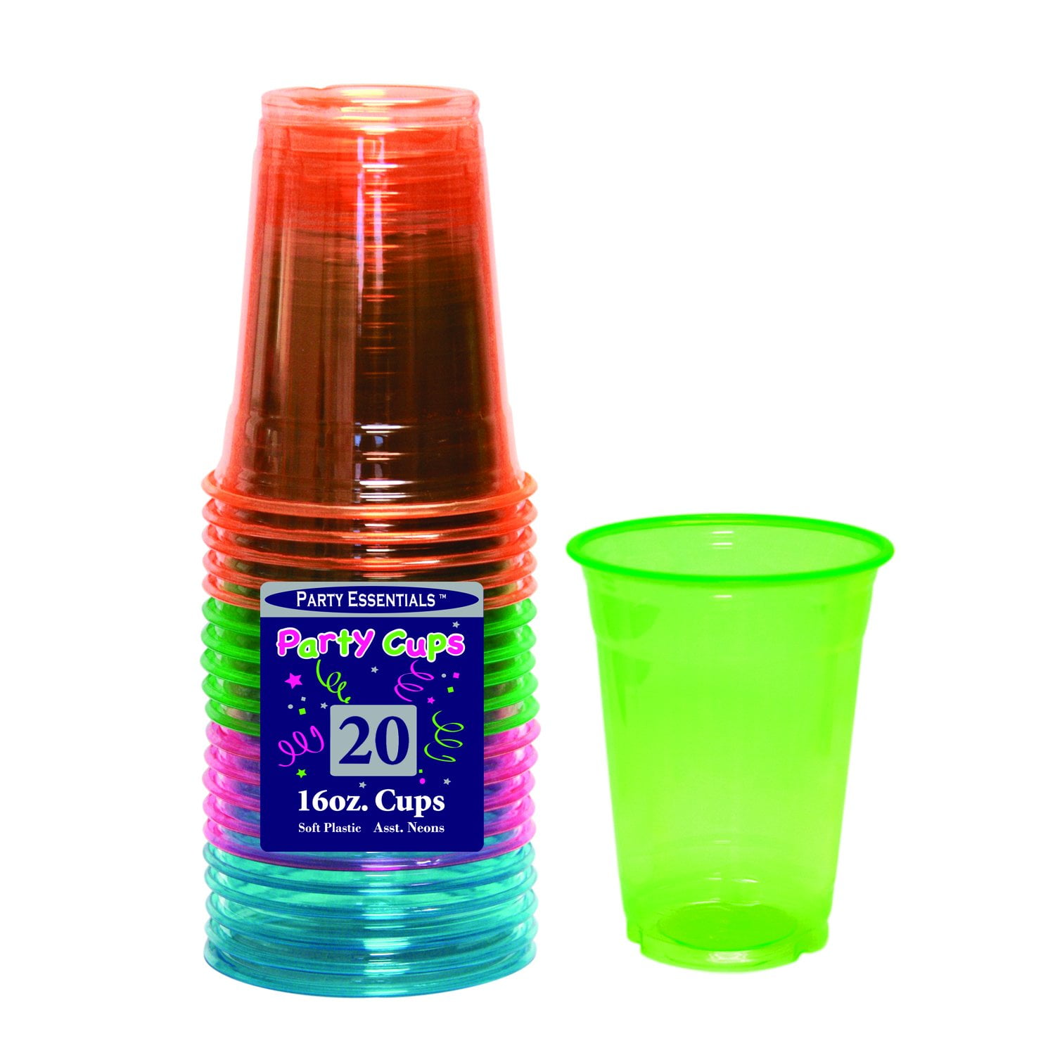 1 - Party Essentials 16 Oz. Soft Plastic Cups - Assorted Neons 20 Ct ...