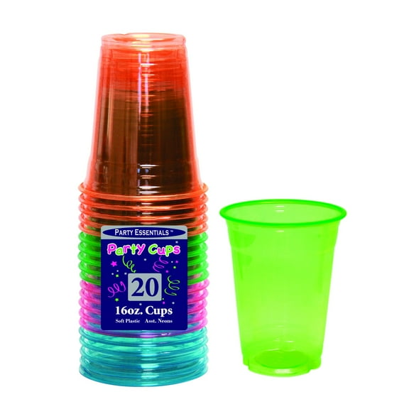 1 - Party Essentials 16 Oz. Soft Plastic Cups - Assorted Neons 20 Ct.