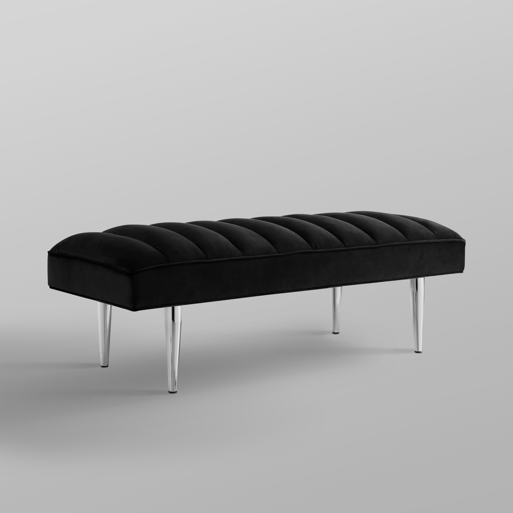 Bodie Black/Chrome Velvet Bench - Upholstered, Channel Tufted, Tapered Mirrorred Lacquer Finish Stainless Steel Legs