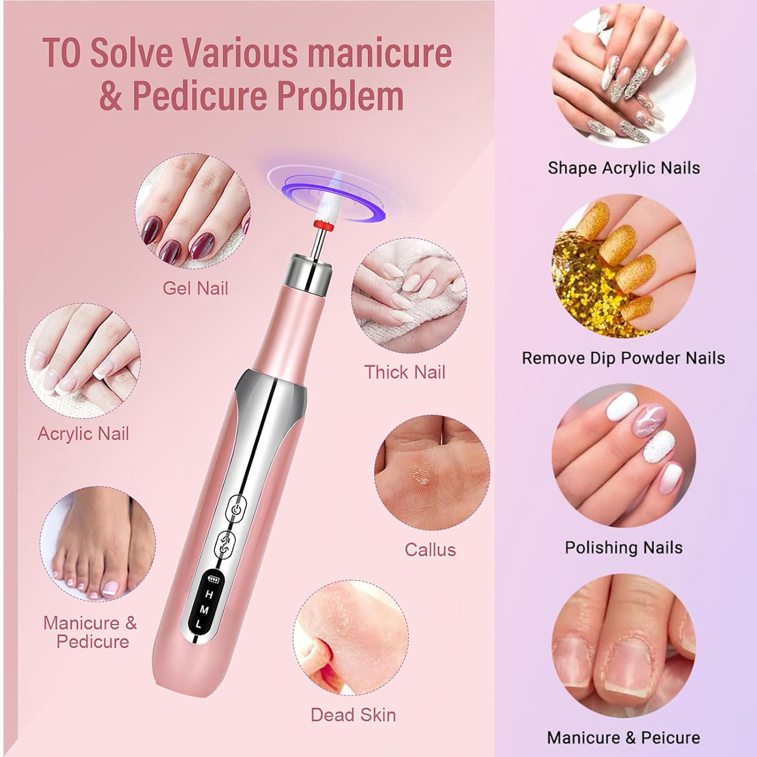 Professional Cordless Nail Drill Kit: 3-Speed Adjustable, Ultra-Quiet Electric Manicure Tool with 12 Bits & 31 Bands for Salon/Home Nail Art, Rechargeable & Portable