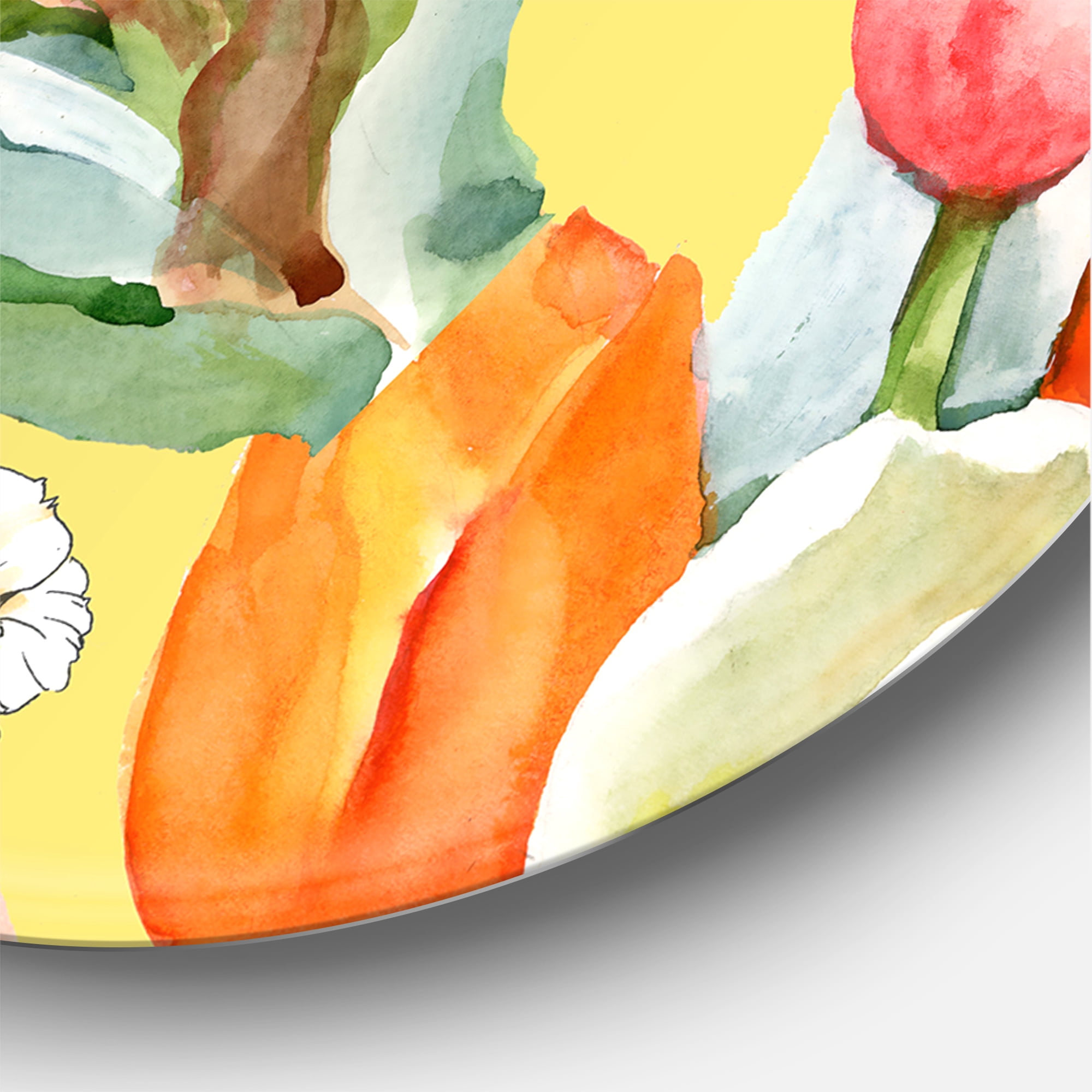 Designart 'Blooming Orange and White Tulips IV' Traditional Circle Metal Wall Art 23x23 - Disc of 23