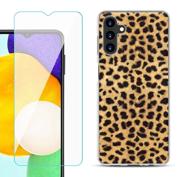 Slim-Fit TPU Fashion Phone Case for Samsung Galaxy A13 5G, with Tempered Glass Screen Protector, by OneToughShield ® - Cheetah Gold/Black
