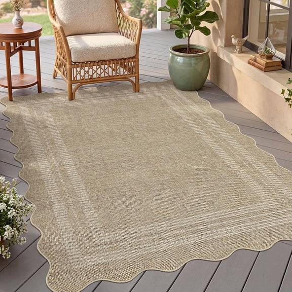 3x5 Entryway Rug Washable Jute Outdoor Rug Non Slip Backing Scalloped Bordered for Porch Deck