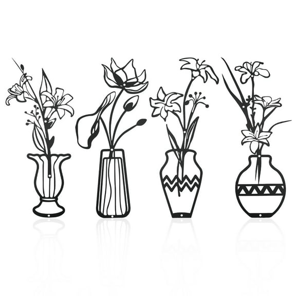 RETON 4PCS Metal Vase Wall Art Black Metal Flowers Wall Decor Minimalist  Art Wall  Art Metal Wall Sculptures Hanging for Living Room Bathroom Kitchen