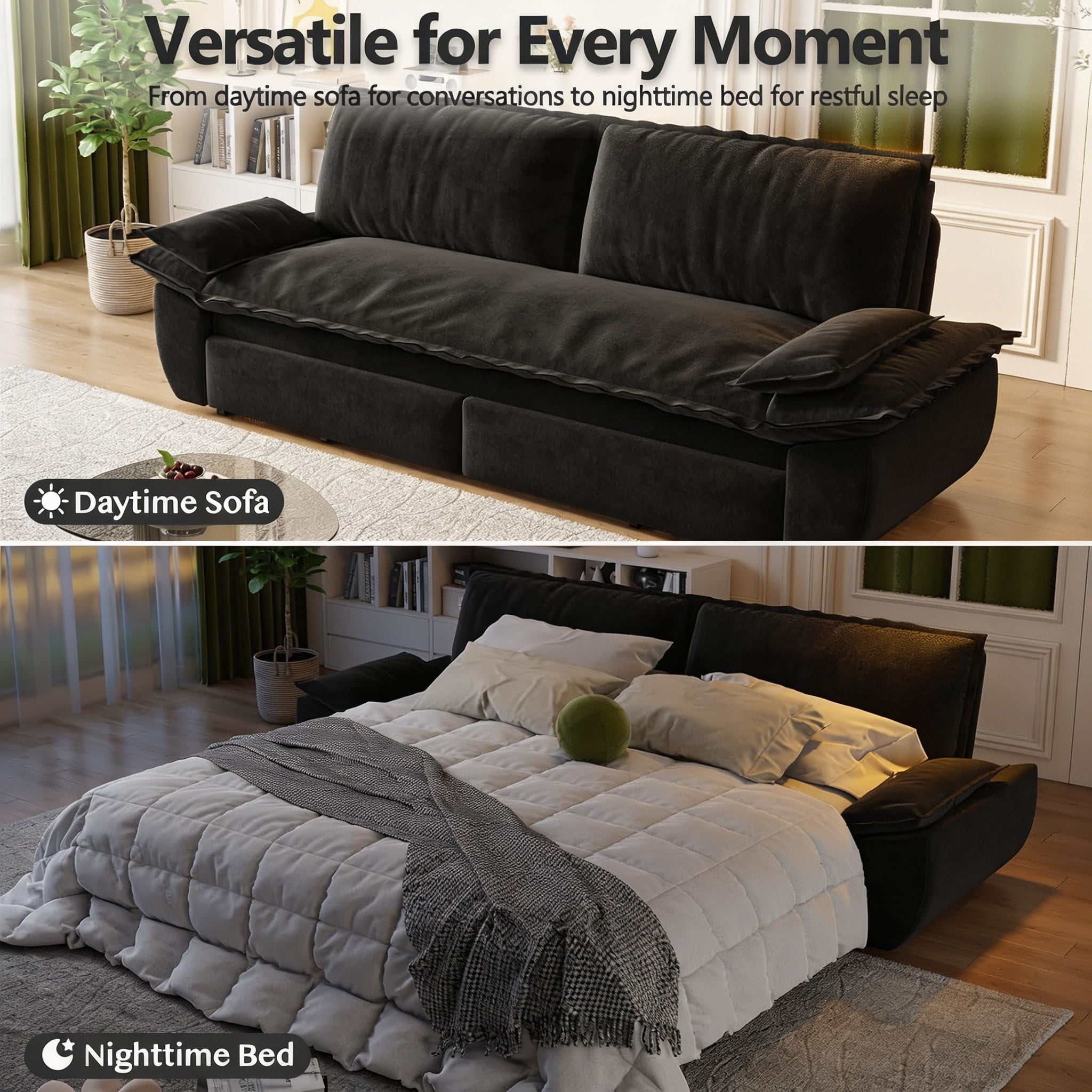 Multi-Functional Velvet 3-in-1 Convertible Sofa Bed, Queen Size Sleeper Loveseat with 2 Pillows, Black