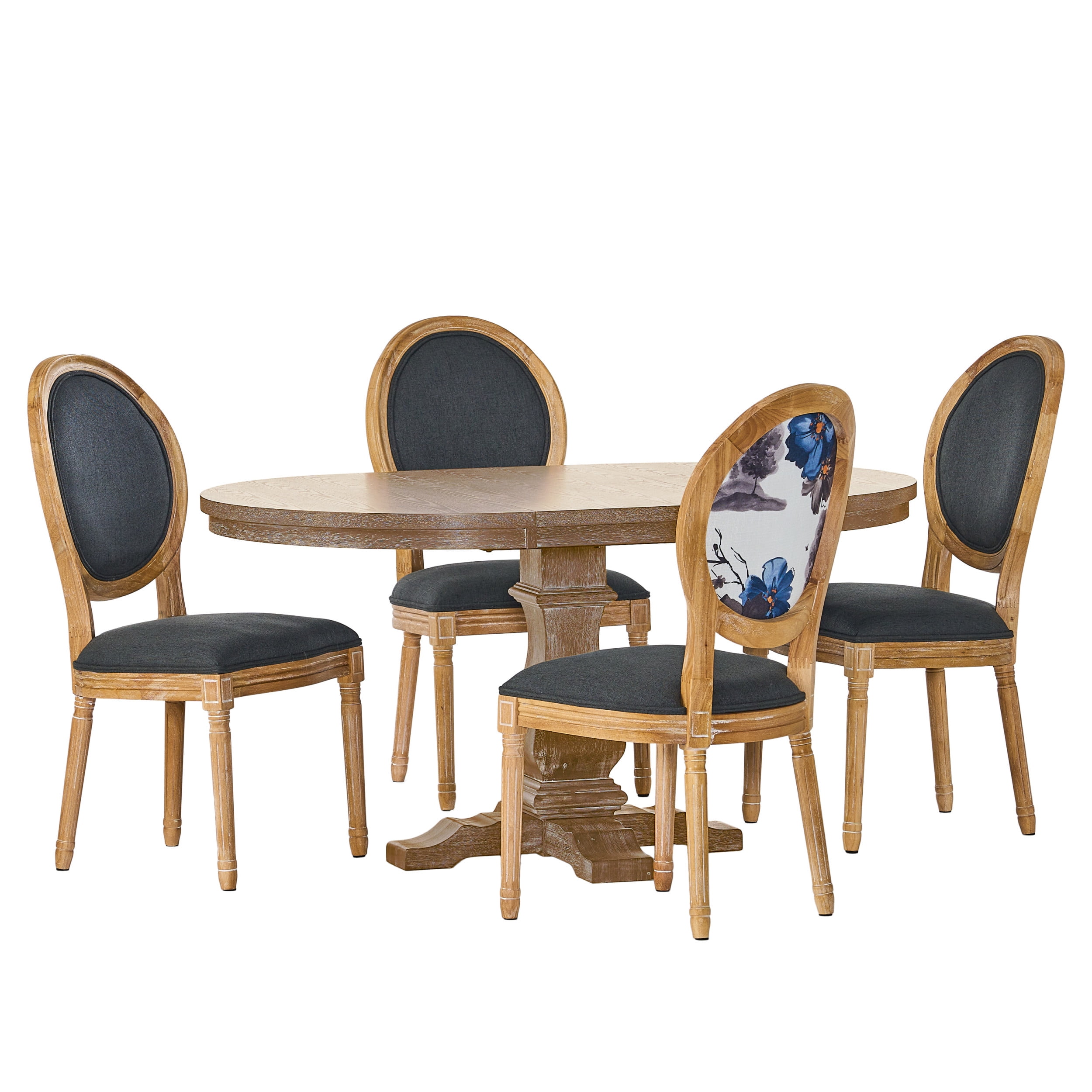Noble House Dason Fabric and Wood 5 Piece Dining Set, Dark Gray, Floral Print, and Natural