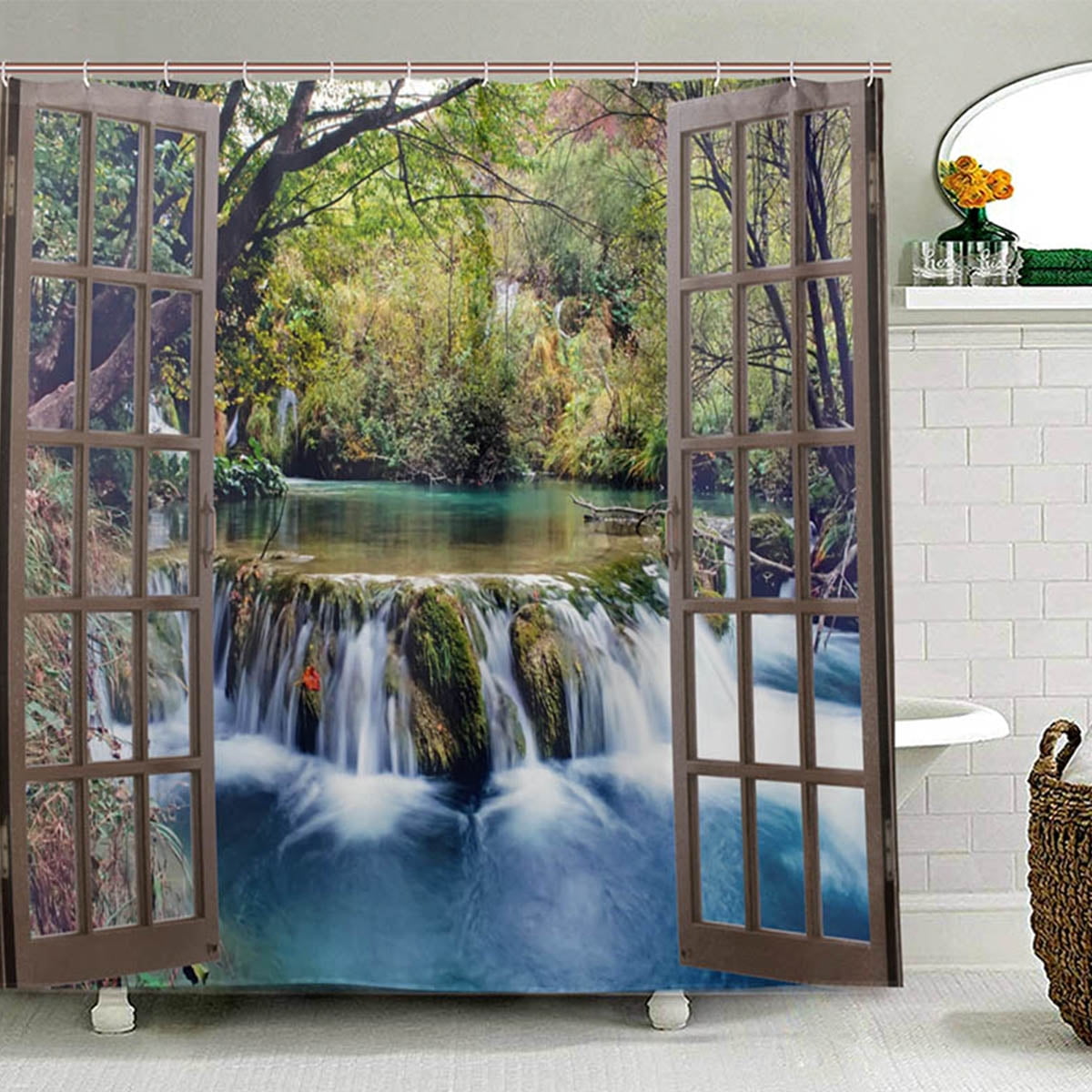 3D Waterfall Landscape Window Waterproof Shower Curtain OR Nonslip