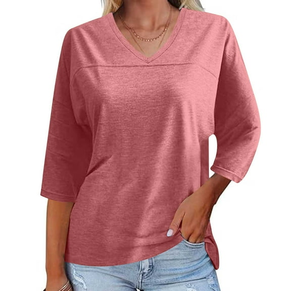 New Summer Womens Tops 2024 3/4 Sleeves Plus Size Fashion Solid Casual 3/4 Sleeve T-Shirts Loose Round Neck Cute Tunic Tops Basic Tees Blouses