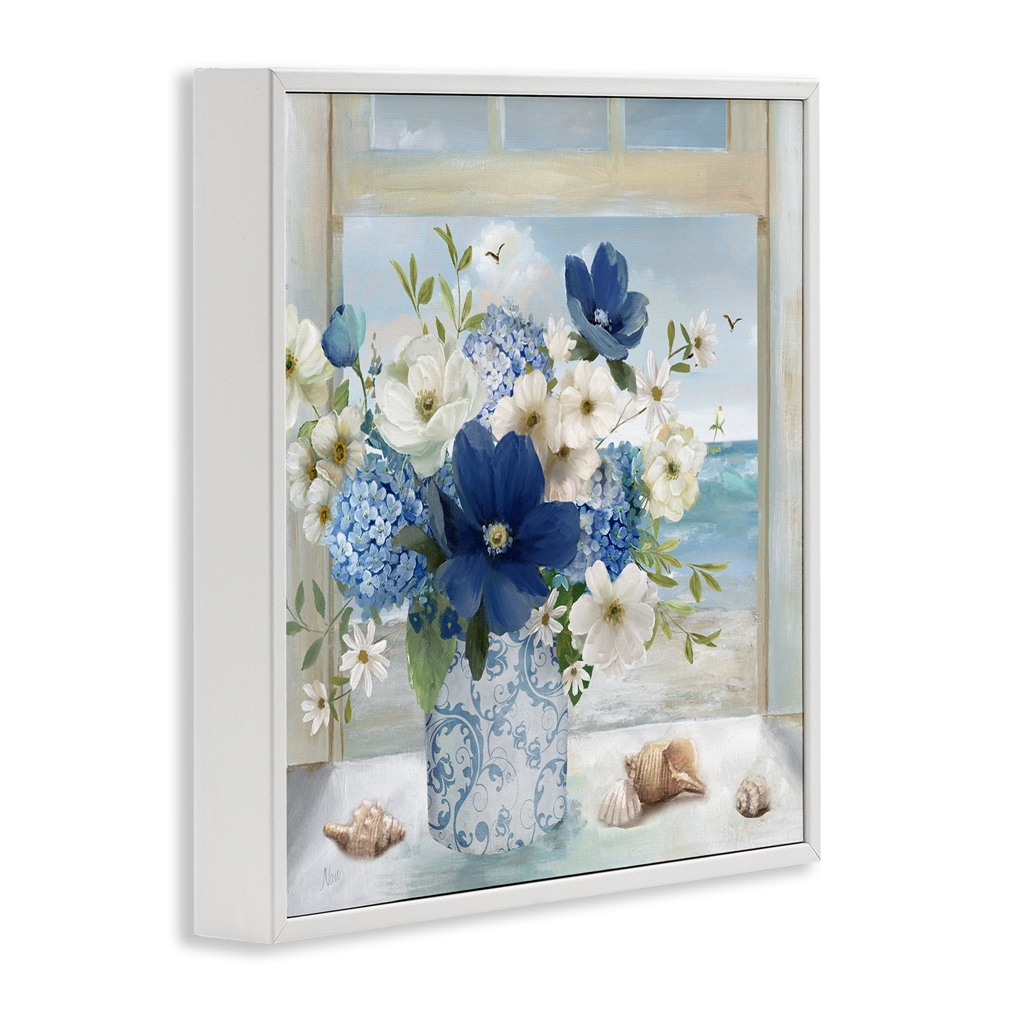 Stupell Industries Seaside Blue & White Arrangement White Framed Giclee Art, design by Nan