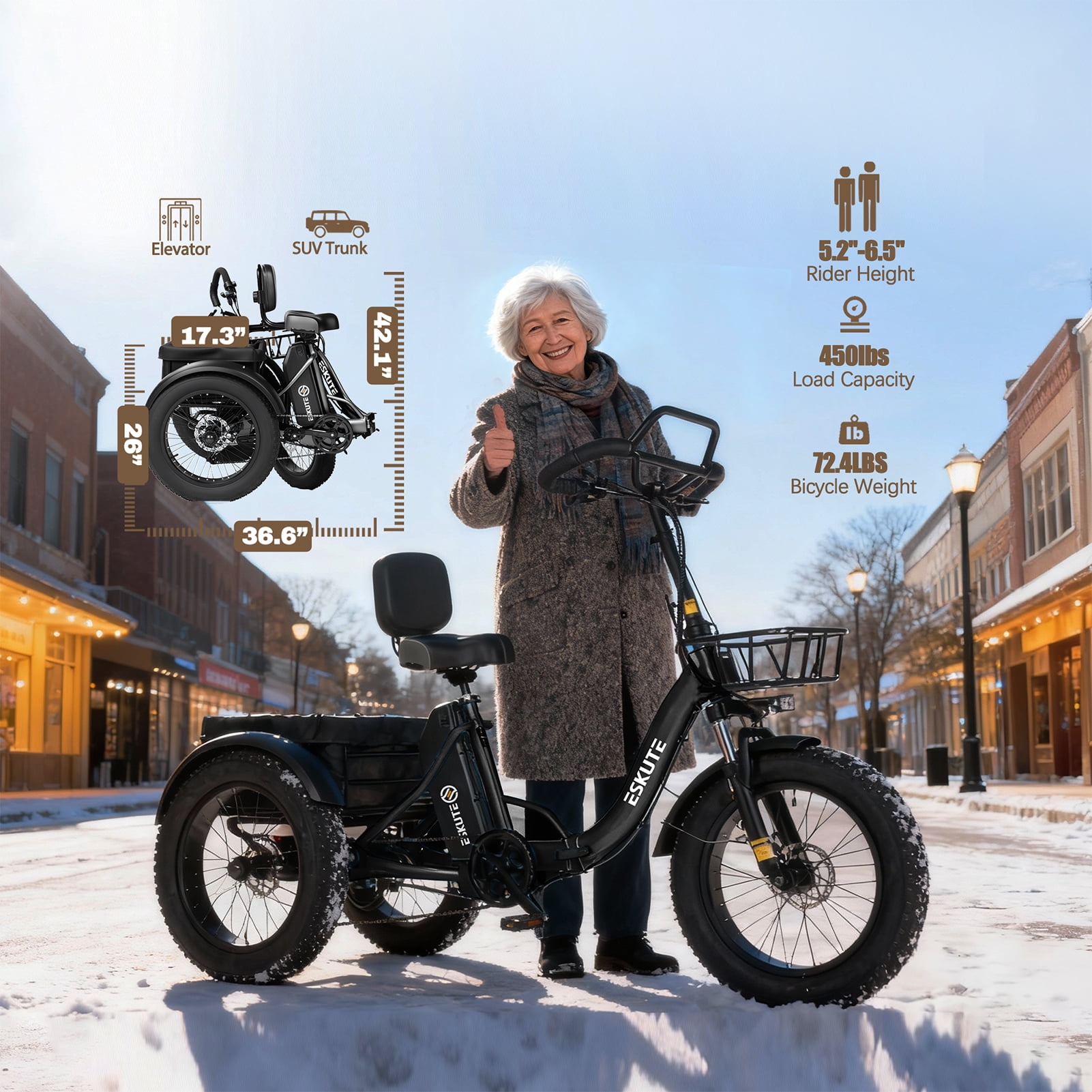 ESKUTE  Black Electric Trike for Adults, 500W Motor 48V 20.8Ah , 1200W Peak Motor, 20"x4.0" Fat Tires, 16+MPH, Foldable 3-Wheel Butterfly Handlebar E-Bike with Storage Bags, Gifts for Parent