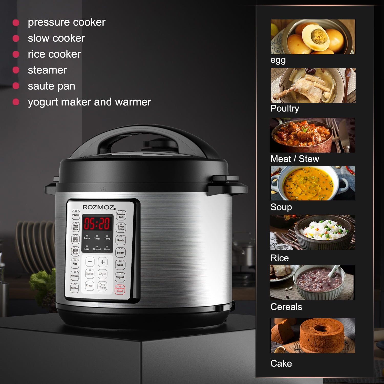 Rozmoz One-Touch Instant Pot, 16-in-1 Electric Pressure Cooker with 16  Preset Functions, Time/Temp Free Control, 6.2 Qt Large Capacity, Stainless  Steel Safety Material 