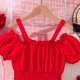 thumbnail image 5 of Odeerbi Niñas Elástico Fuera Del Hombro Vestido Vintage Verano Algodón Princesa Vestidos Manga Corta Color Sólido Vestido Retro, 5 of 8
