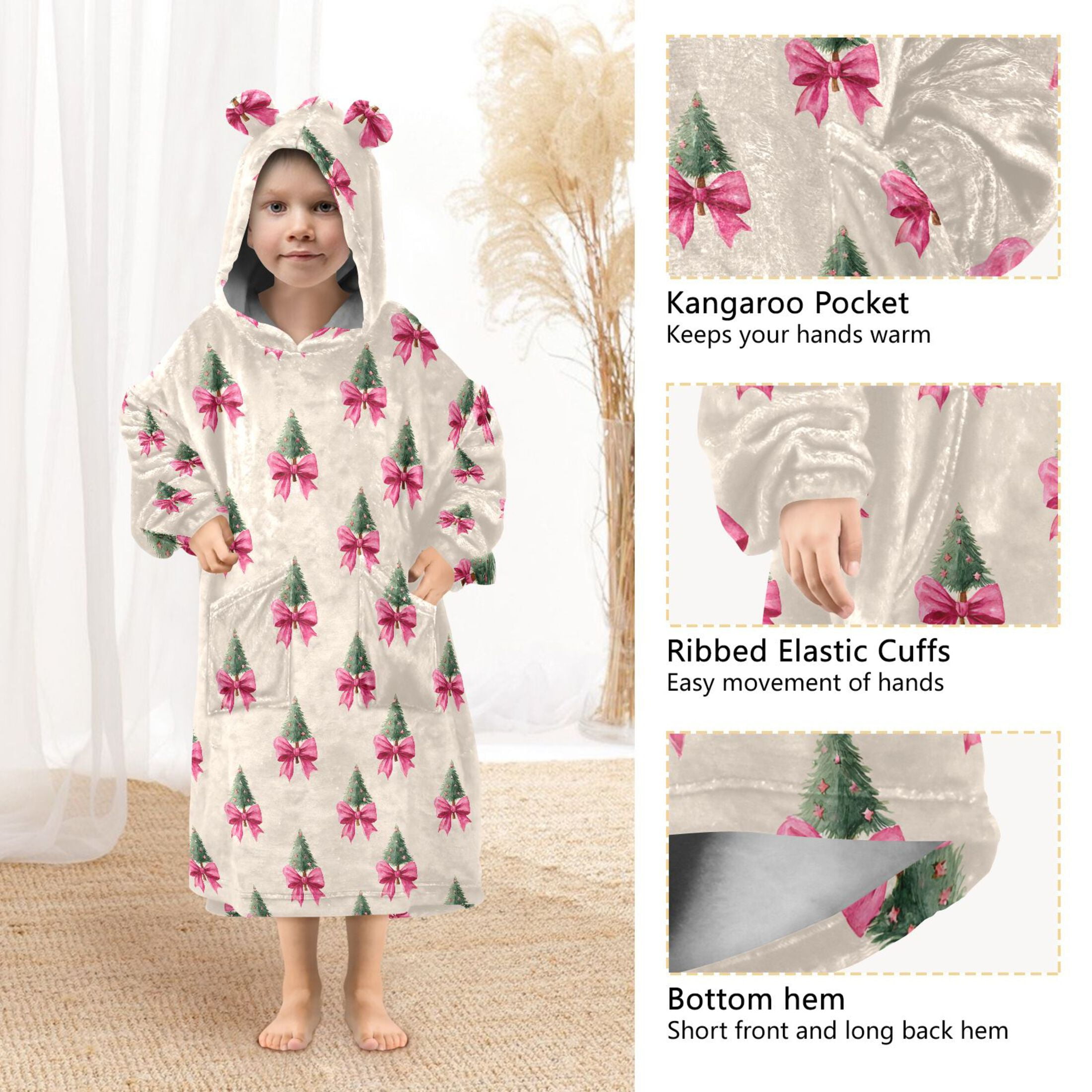 Wearable Blanket Hoodie for Kids Christmas Tree Bow Flannel Hooded Blanket with Pockets and Sleeves Suitable for Boys and Girls