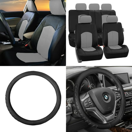 FH Group, Perforated Leather Seat Covers for Auto Car Sedan SUV, Full Set with Leather Steering Wheel Cover, 8