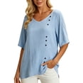 thumbnail image 2 of Yrmaups Loose Fit Short Sleeve T Shirt for Women, Casual V Neck Blouse, Soft Stretch Button Down Tee for Beach Travel Office Daily Wear, Light Blue L, 2 of 8