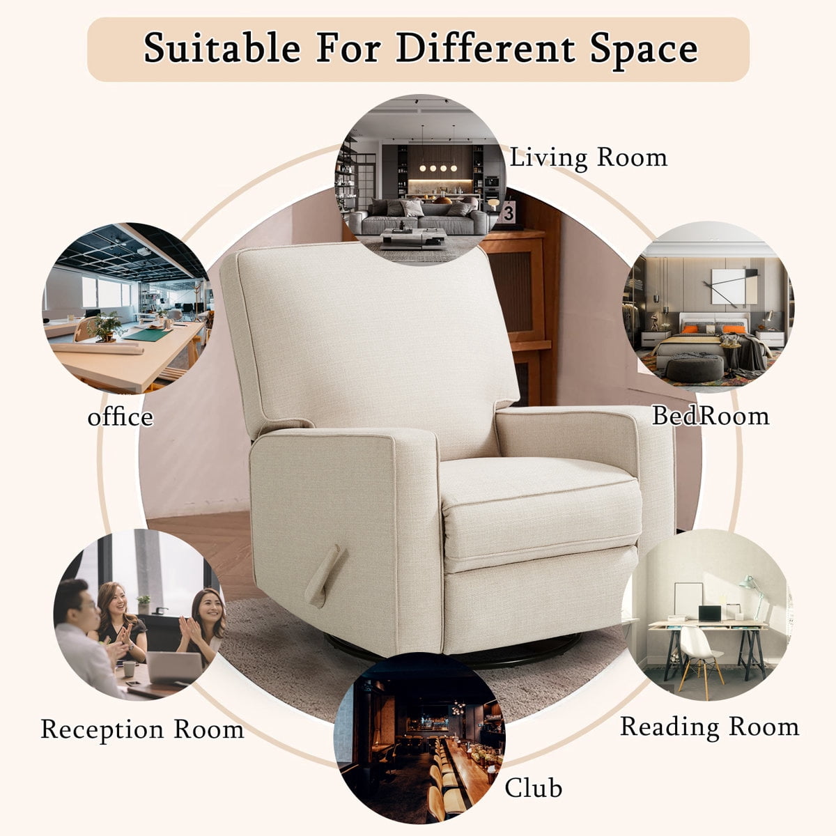 360° Swivel Rocker Recliner , Glider Rocker Recliner, Rocking Chairs for Nursery, Linen Fabric Chair with High Back, Deep Seat, for Living Room, Bedroom, Beige