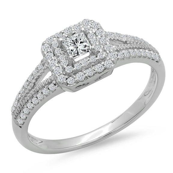 Dazzlingrock Collection 0.50 Carat (ctw) 14K Princess & Round Cut Diamond Halo Engagement Ring 1/2 CT, White Gold, Size 7.5