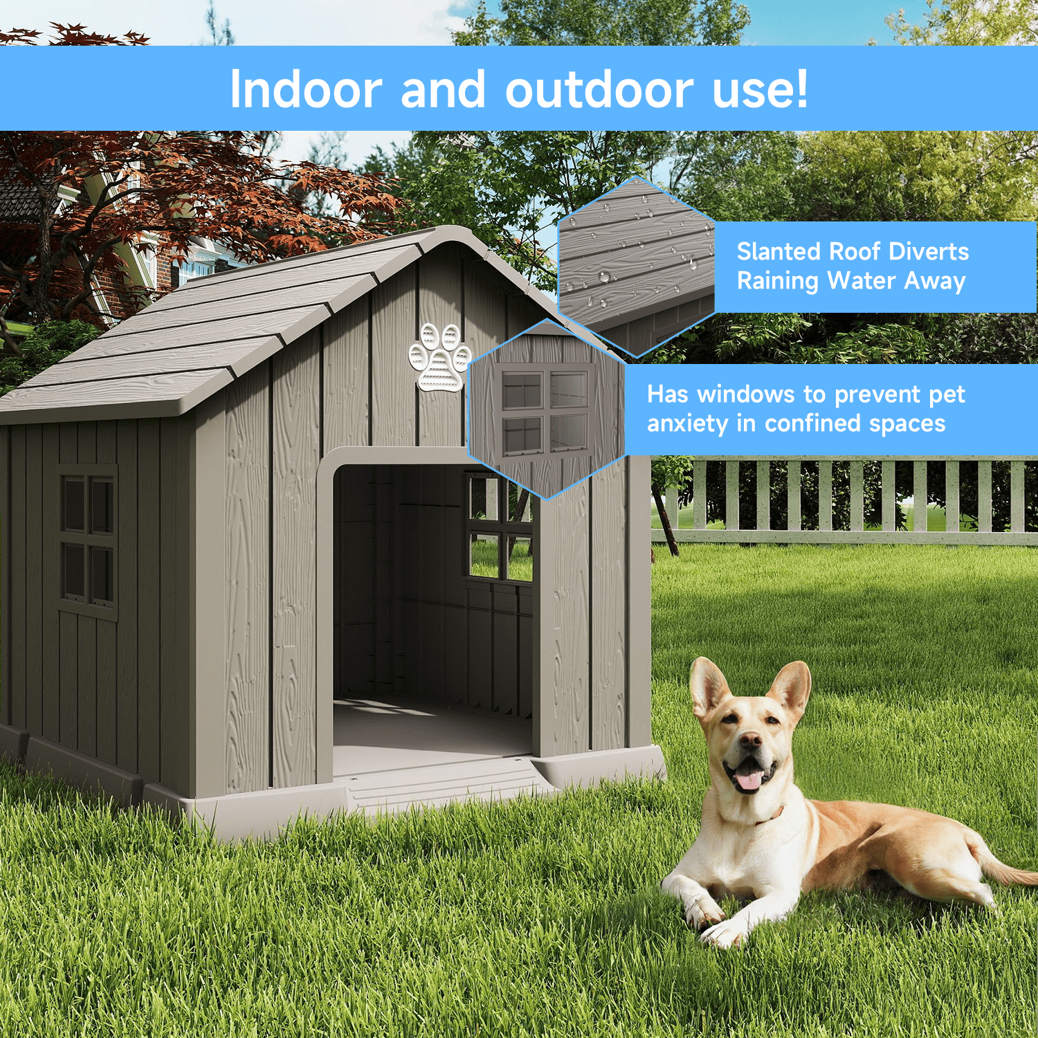 fazzn Durable Waterproof Resin Dog House for Small to Large Sized Dogs, Indoor Outdoor Doghouse Puppy Shelter with Elevated Floor, Easy to Assemble .Blue/Brown.Father's Day Gift