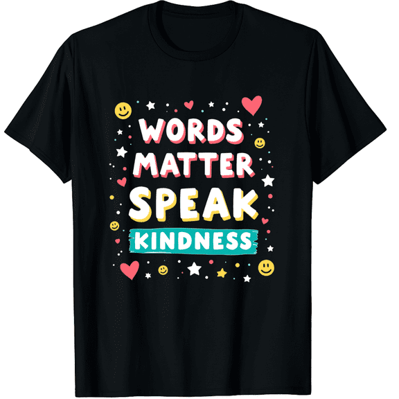 Words Matter Speak Kindness Groovy Colorful Positive Message Graphic Black T-Shirt for Men and Women