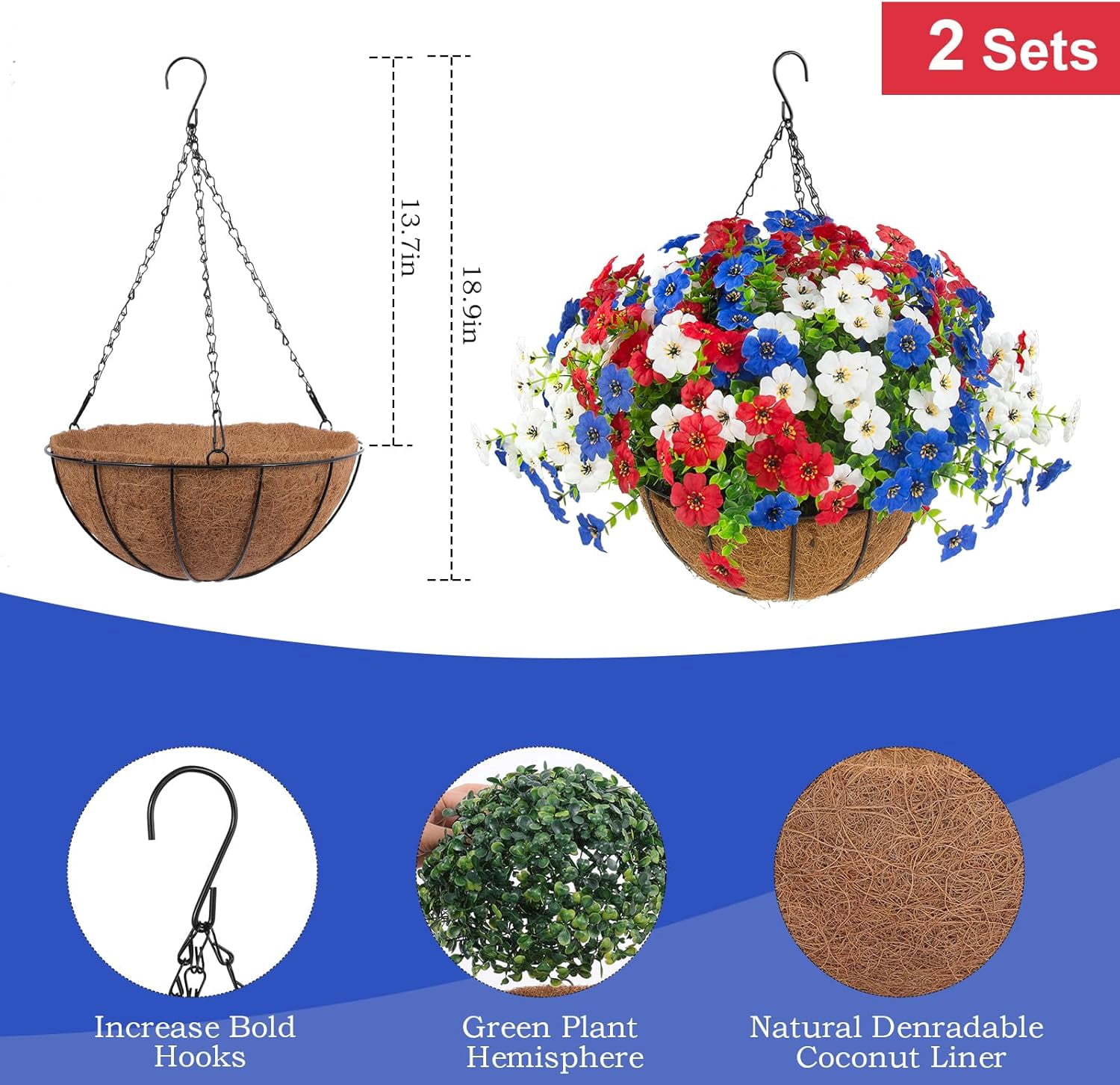 2 Sets Patriotic Artificial Hanging Flowers with Baskets, Red White Blue 4th of July Artificial Flowers, Outdoor Hanging Planter Decor for Front Porch, Patio, Garden Summer Holiday Decoration
