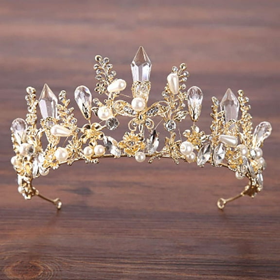 Gold Baroque Queen Crown Rhinestone Pearl Bride Tiaras and Crown Wedding Hairpieces for Women and Girls