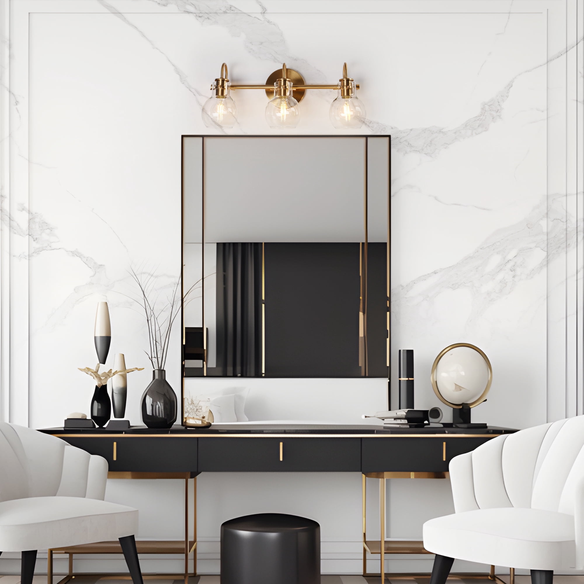 LNC Modern 3-Light Gold Vanity Light with Clear Globe Glass Shades, Bathroom Light