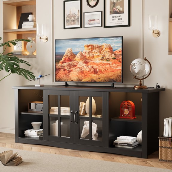 Vineego TV Stand with LED Lights and Power Outlet,65 inch Farmhouse Wood Entertainment Center with Glass Door Storage Cabinet for Living Room,Black