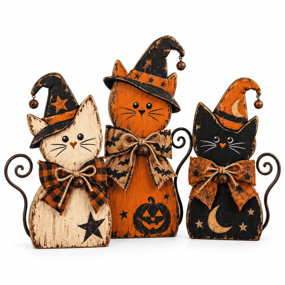 Halloween Wooden Cat Decorations, Set of 3, Rustic Witch Hat Cat Figurines for Tiered Tray, Shelf and Mantel