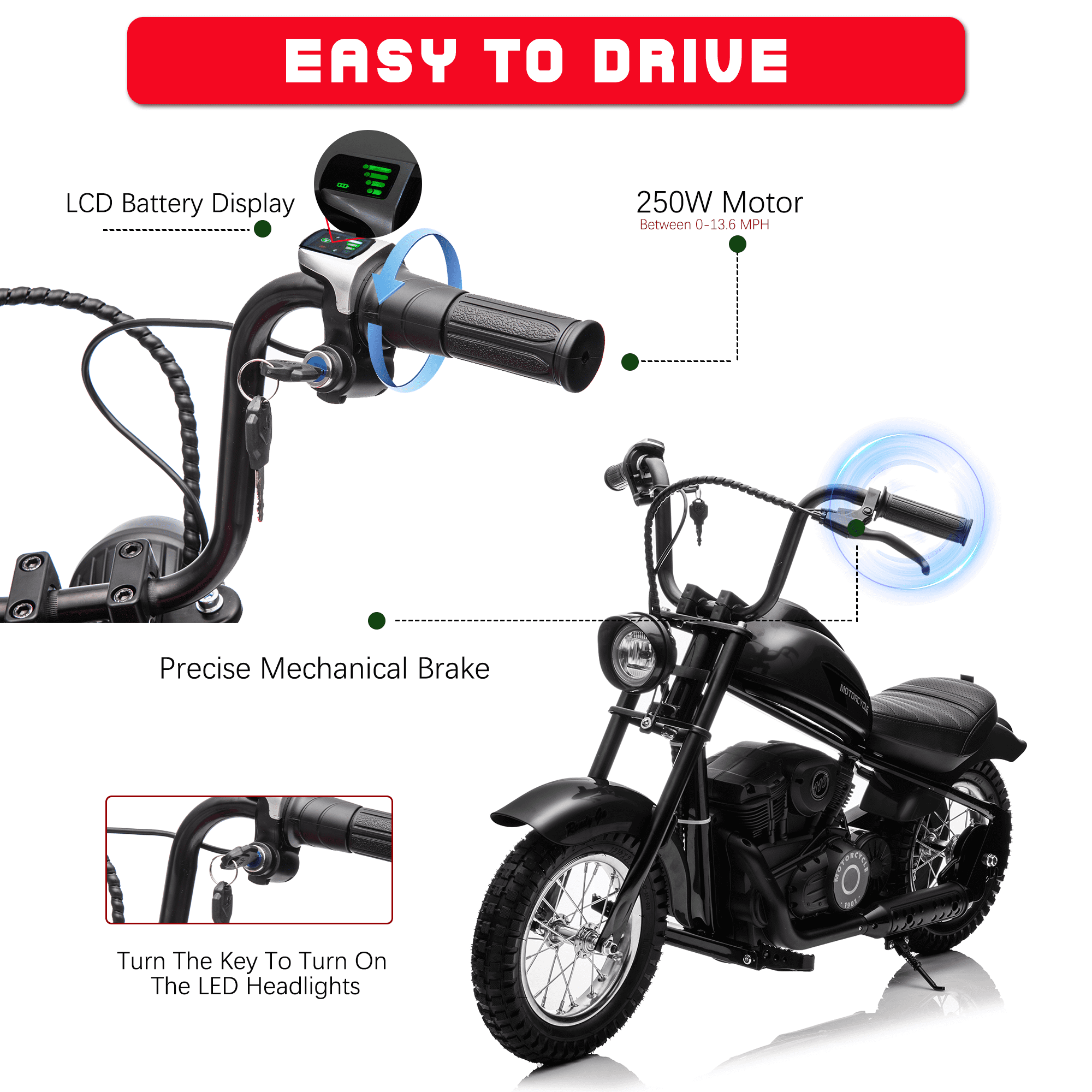 JoyWheels 24V Electric Dirt Bike, 250W Ride on Toy Motorcycle for kids,14 mph, Age 13+,Black