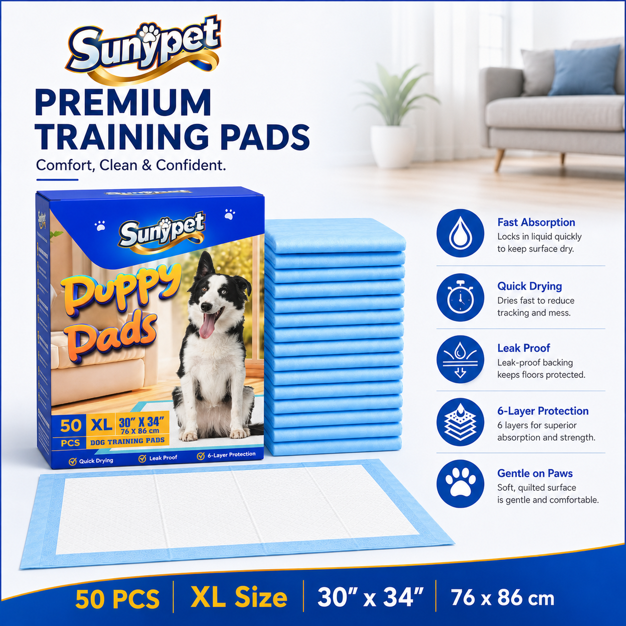 Sunypet Puppy Pads Disposable, XL 30"x34", 50 Count photo 2