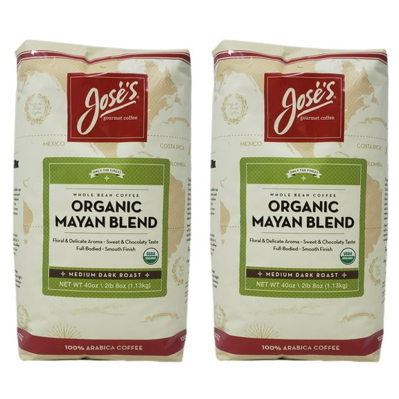 Jose's Whole Bean Coffee Medium Dark Roast - Pack of 2 Bags - 40 oz Per Bag - 80 oz Total - 100% Certified USDA Organic Mayan Blend, 100% Arabica Coffee