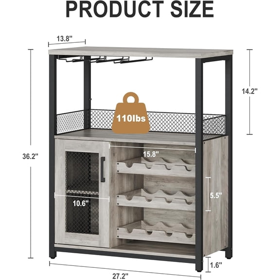 Wine Bar Rack Cabinet with LED Light, Adjustable Shelves Coffee Bar Cabinet with Mesh Door and Baffle Design, 36 in Tall Small Liquor Bar Cabinet for Home, Kitchen, Dinning Room, Grey