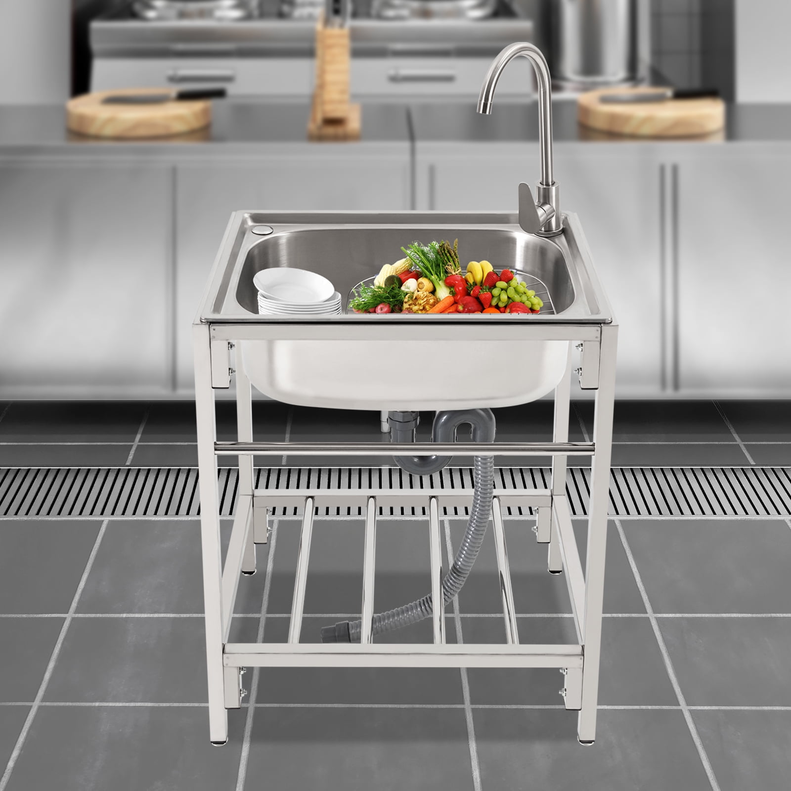 Commercial Stainless Steel Sink Outdoor Single-Bowl Utility Sink With Faucet for Homes, Restaurants