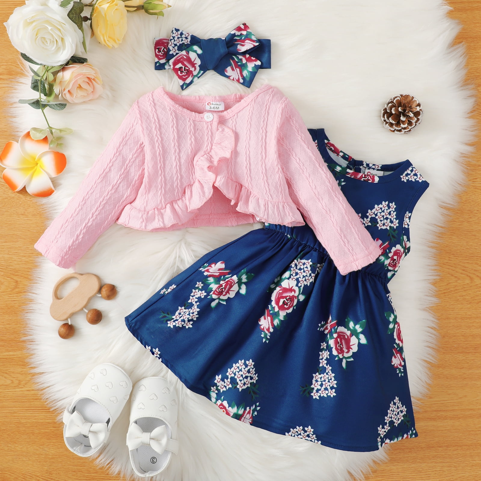 PatPat 3pcs Baby Girl Cable Knit Ruffle Trim Longsleeve Cardigan and