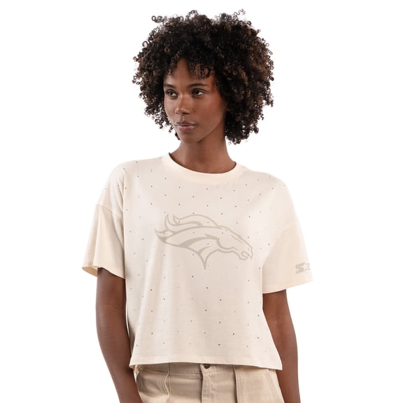 Women's Starter Cream Denver Broncos Rhinestone Sprinkle Boxy Cropped T-Shirt