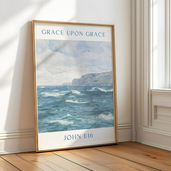 Grace Upon Grace, Christian Wall Art, Coastal Granddaughter Bible Verse Decor, Dorm Room Blue Wall Art, Art Wall Art, Modern Wall Decor, 8x12 UNFRAMED
