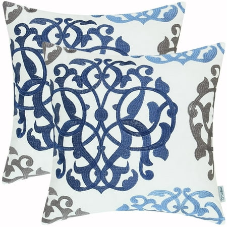 

CaliTime Throw Pillow Cases Pack of 2 Cotton Vintage Compass Geometric Floral Embroidered Decorative Cushion Covers for Couch Bed Sofa Farmhouse Decoration 16x16 inches Blue Gray