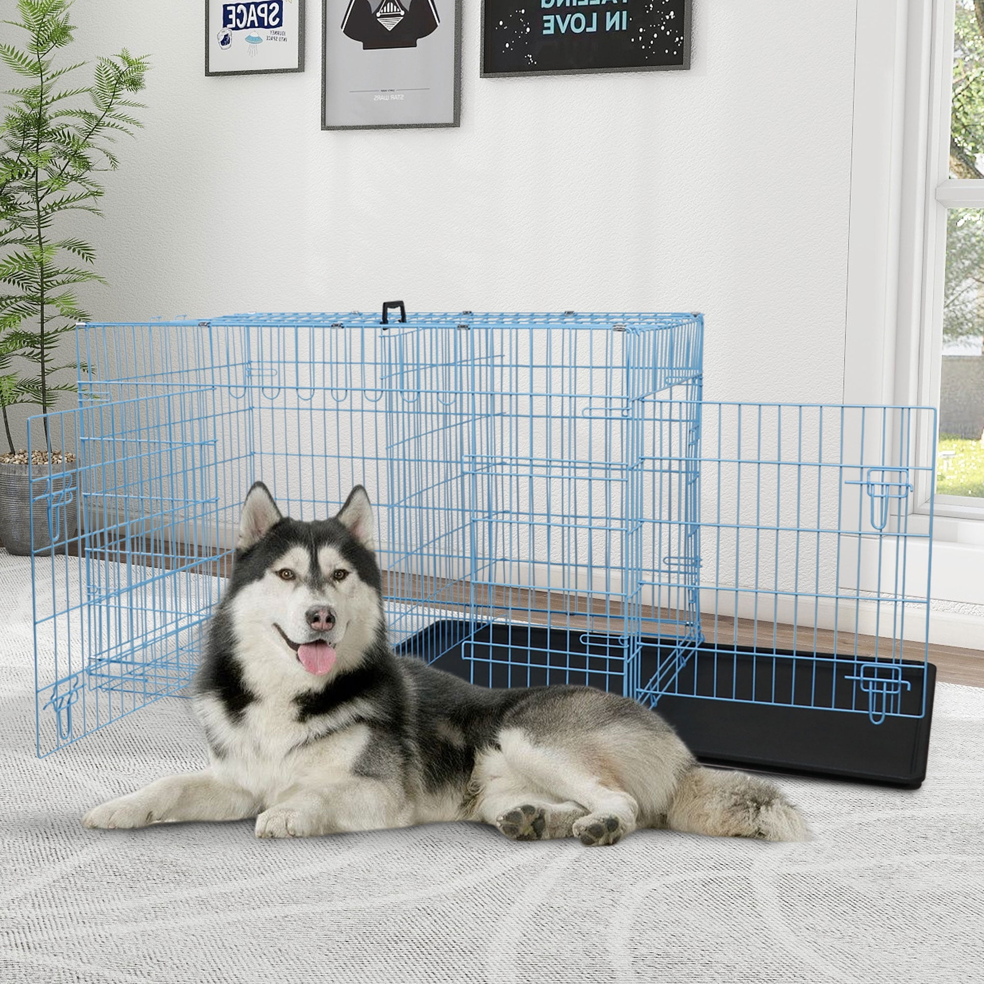 YRLLENSDAN 48 inch Dog Crate, Dog Crates and Kennels Foldable Large Dog Crate for Large Dogs with Handle Double-Door Outdoor Metal Wire Dog Cage with Plastic Tray for Medium Dogs, Blue