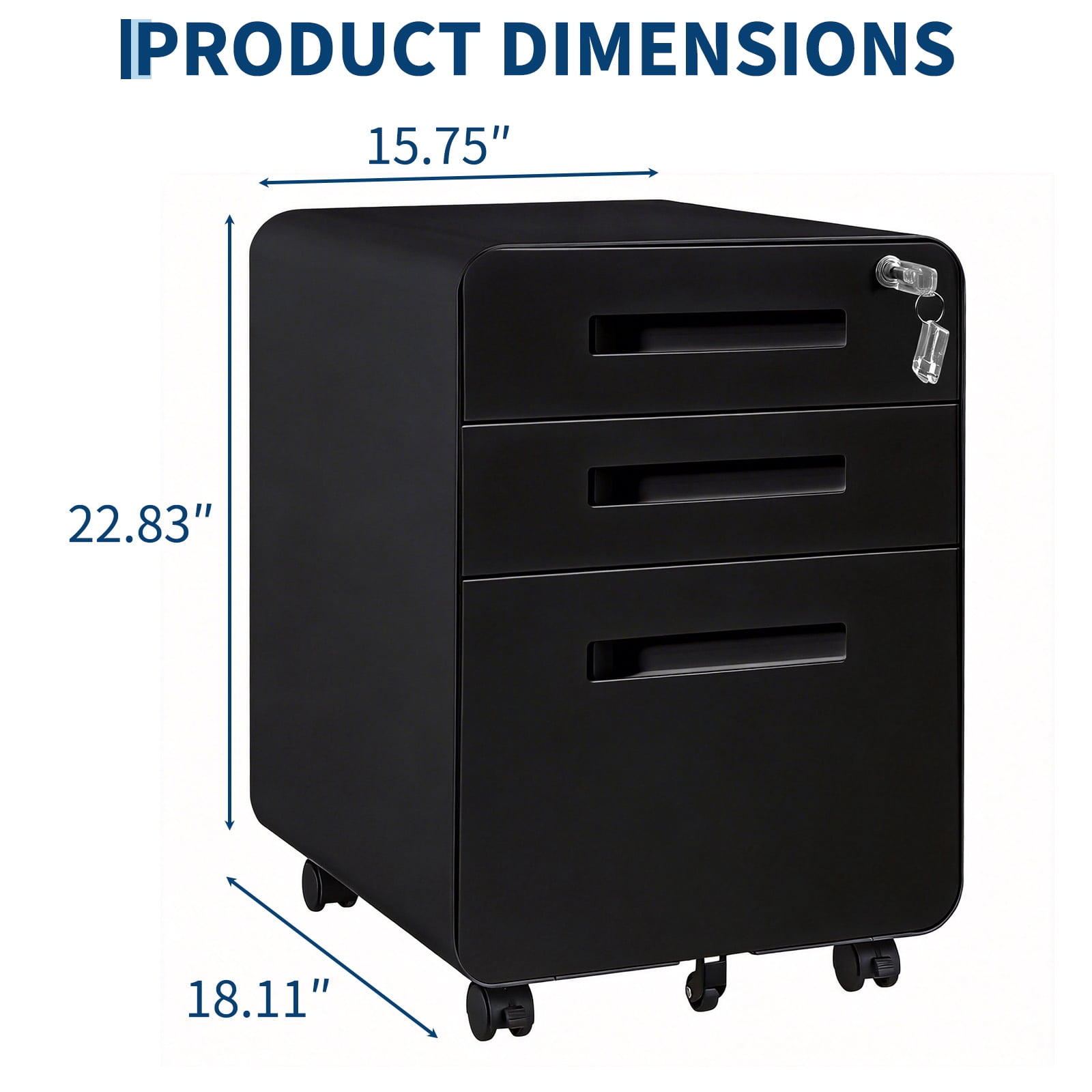 Towallmark Secure 3 Drawer Metal File Cabinet with Lock – Fully Assembled Mobile Filing Cabinet for Home Office, Anti-Tilt 5 Wheels, Under Desk Storage for A4/Letter/Legal Size – Matte Black