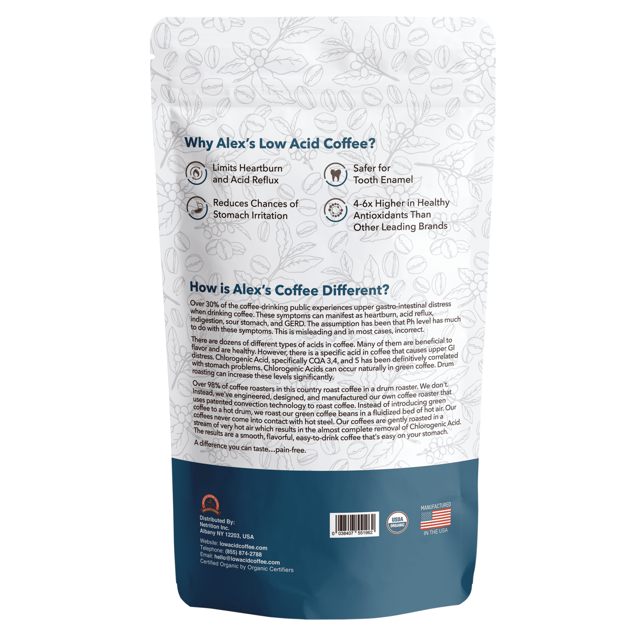 Alex's Low Acid Organic Coffee - Half Caff Whole Bean (12oz) Size: 12 Bags