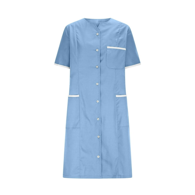 chinese dress ladies 2026 Housekeeping Maid Uniform Dress Womens Button Down Scrub Dresses  Workwear Pocket Short Sleeve Loose Dresses Blue at Amazon Women's Clothing  store main image 0
