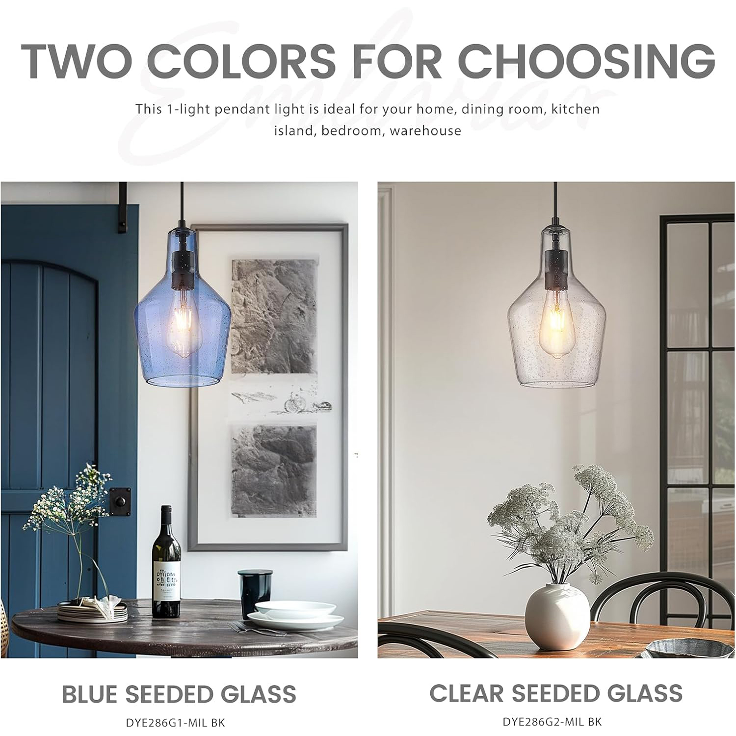 Emliviar Modern Island Pendant Light with Clear Seeded Glass, Black Finish, DYE286G2-MIL BK