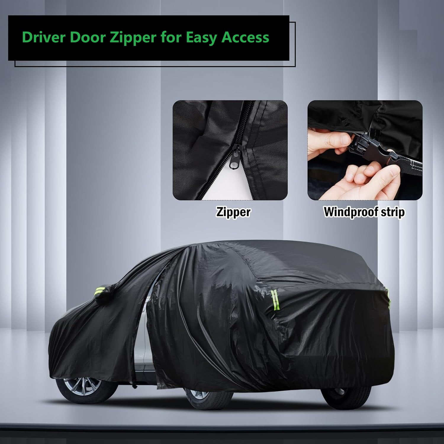 Car Cover Fit for Toyota RAV4, SUV Full Car Cover with Reflective Stripes Storage Bag Driver Door Zipper, Windproof Waterproof All Weather Protection Black