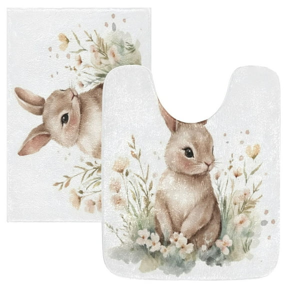 2 Piece Soft Bathroom Rug Set Watercolor Bunny in Floral Bath Mat and U-Shaped Toilet Contour Rug (16"x24" 20"x24")