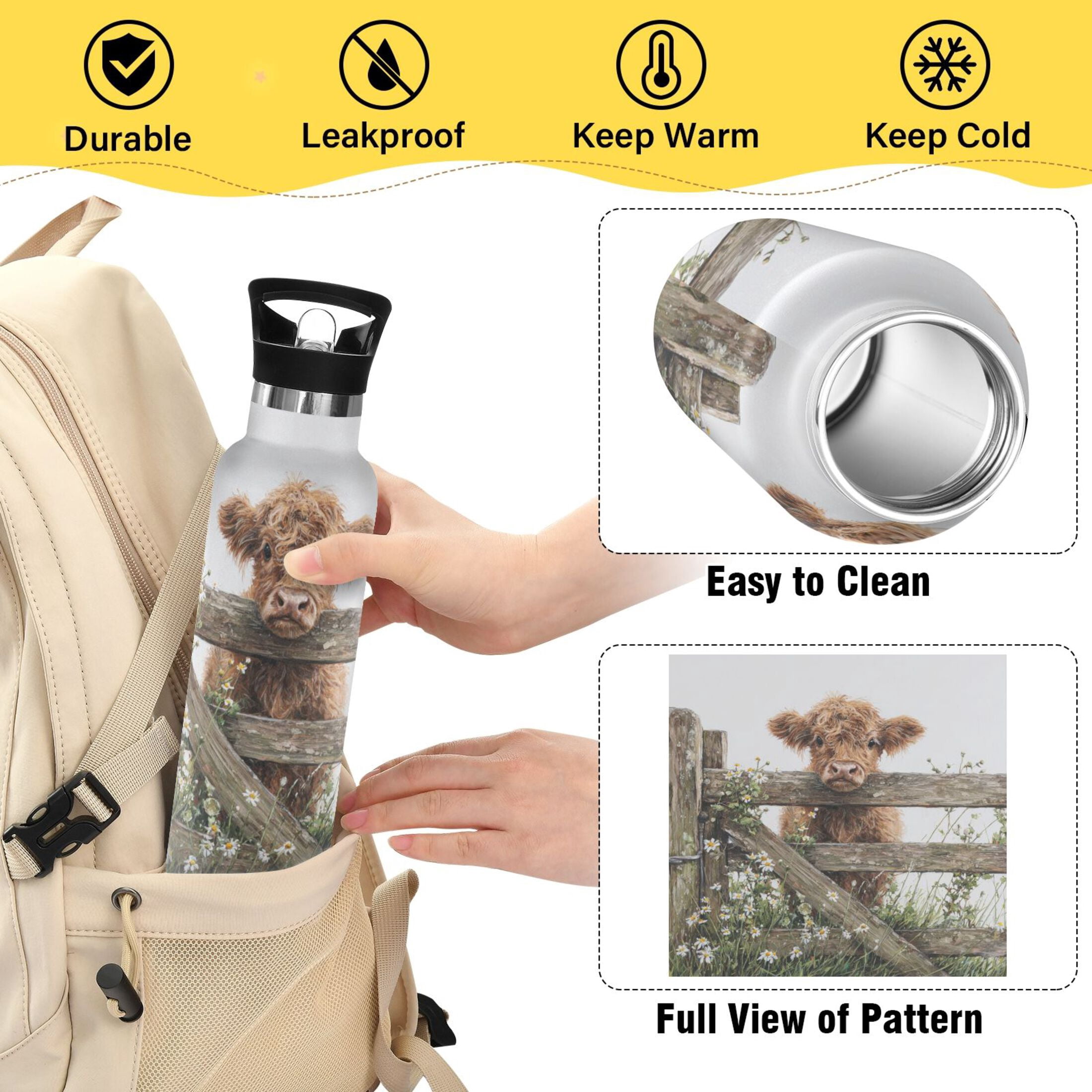 Kids Insulated Stainless Steel Sports Water Bottle 600ml Cute Highland Cow Peeking